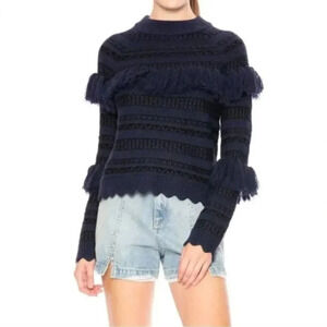 Jonathan Simkhai Sweater Tassel Fringe Knit Pure Wool Striped Black Blue Small